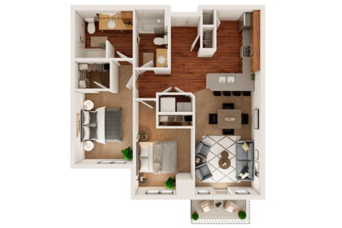 Floor plan for 2 beds, 2 baths, 1025 sqft
