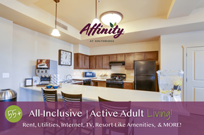Kennewick apartment for rent - A kitchen area with Affinity at Southridge logo on the wall.