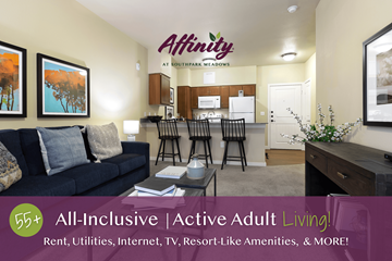 Austin apartment for rent - A living room with a couch, chairs, and a coffee table with a sign that says "Affinity at Southpark Meadows".