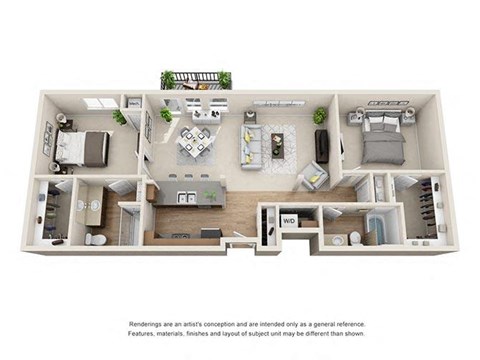 Floor plan for 2 beds, 2 baths, 964 sqft