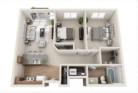 Floor plan for 2 beds, 1 bath, 829 sqft
