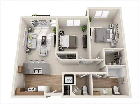 Floor plan for 2 beds, 1.5 baths, 991 sqft