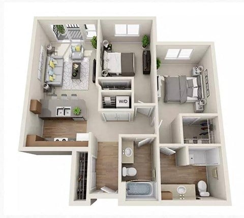 Floor plan for 2 beds, 2 baths, 958 sqft