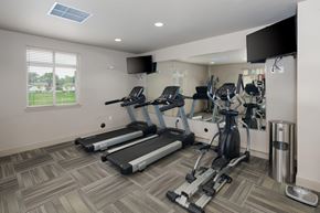 Loveland apartment for rent - A well-equipped gym with treadmills, elliptical machines, and a television.
