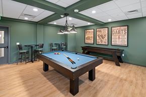 Bend apartment for rent - A pool table is in the middle of a room with green walls.