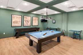 Nampa apartment for rent - A pool table in a room with green walls and wooden flooring.