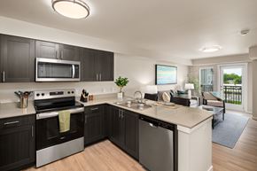 Nampa apartment for rent - A modern kitchen with dark wood cabinets and stainless steel appliances.