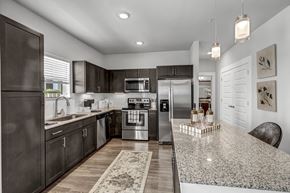 Fort Worth apartment for rent - A modern kitchen with dark brown cabinets and stainless steel appliances.