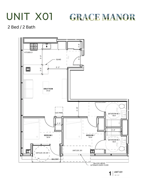 Floor plan for 2 beds, 2 baths, 821 sqft