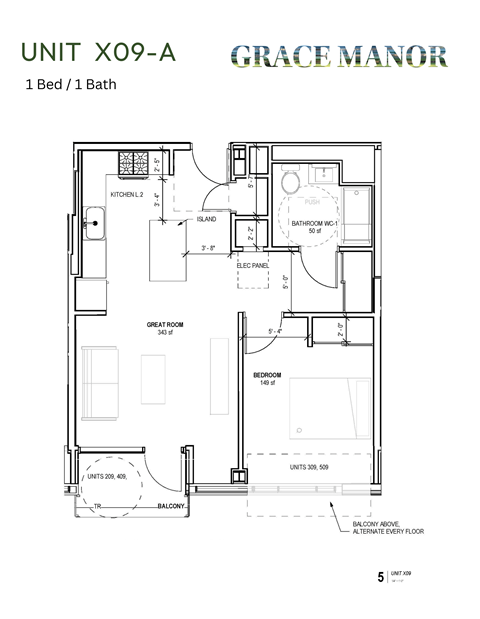 Floor plan for 1 bed, 1 bath, 616 sqft
