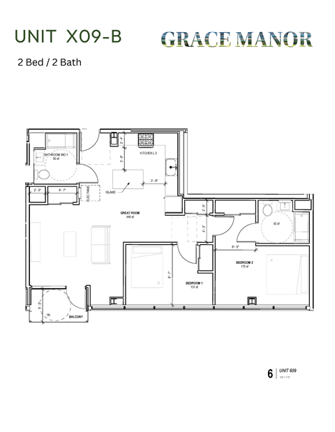 Floor plan for 2 beds, 2 baths, 947 sqft