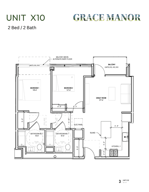 Floor plan for 2 beds, 2 baths, 889 sqft