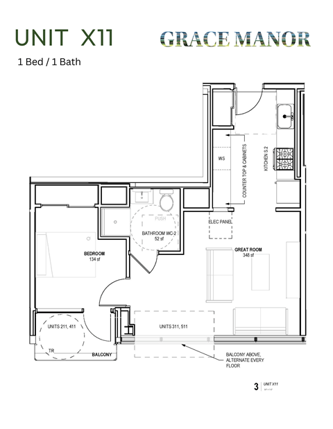 Floor plan for 1 bed, 1 bath, 558 sqft