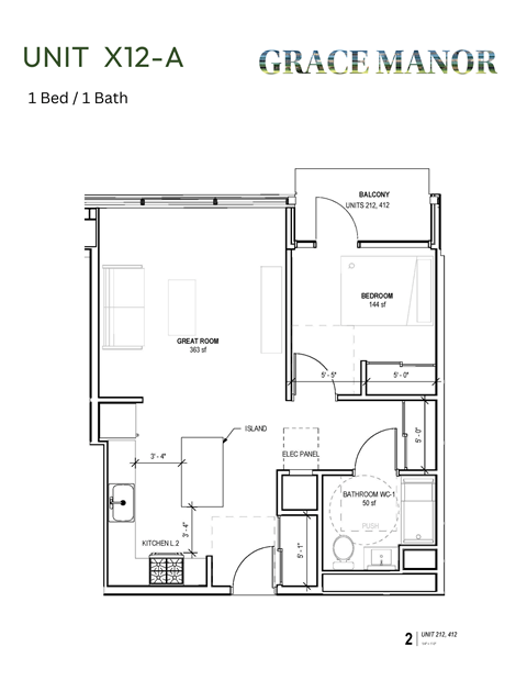 Floor plan for 1 bed, 1 bath, 612 sqft