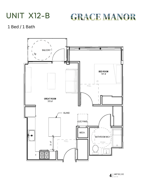 Floor plan for 1 bed, 1 bath, 612 sqft