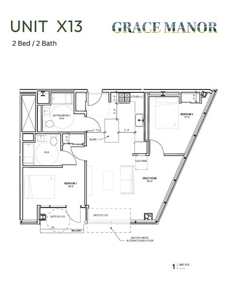 Floor plan for 2 beds, 2 baths, 863 sqft