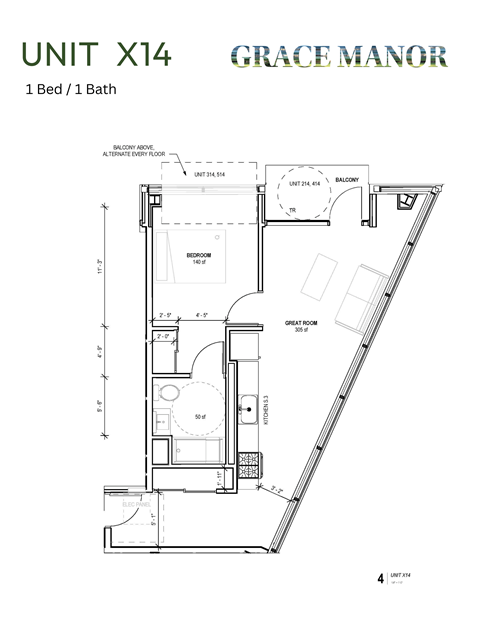 Floor plan for 1 bed, 1 bath, 591 sqft