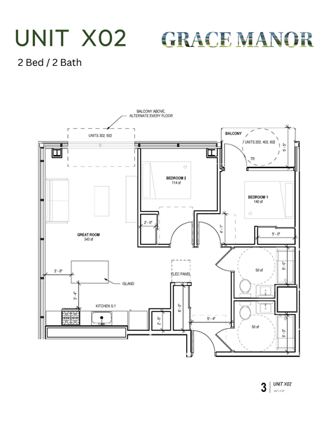 Floor plan for 2 beds, 2 baths, 811 sqft