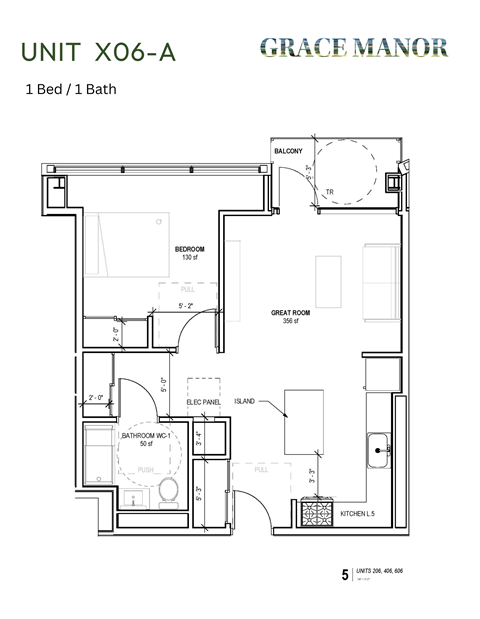 Floor plan for 1 bed, 1 bath, 629 sqft