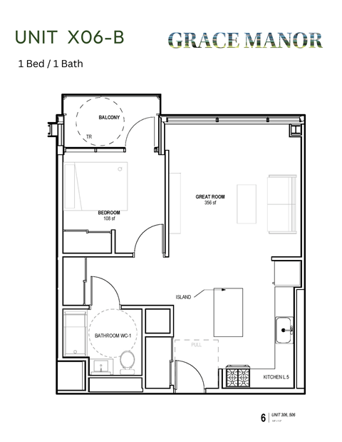 Floor plan for 1 bed, 1 bath, 629 sqft
