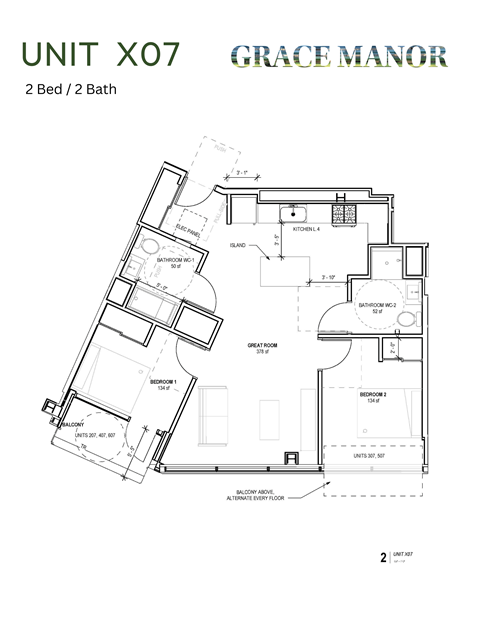 Floor plan for 2 beds, 2 baths, 811 sqft