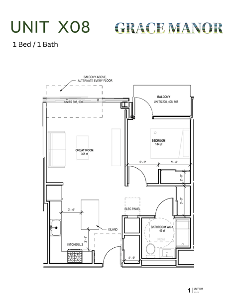Floor plan for 1 bed, 1 bath, 610 sqft