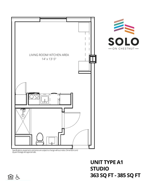 Floor plan for studio, 1 bath, 376 sqft