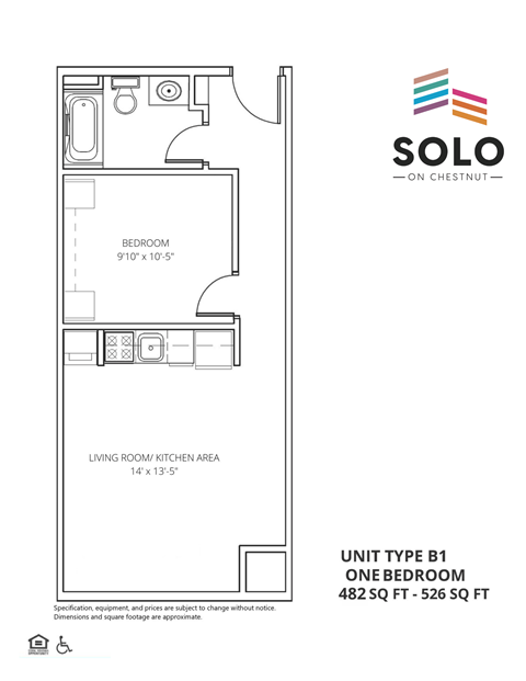 Floor plan for 1 bed, 1 bath, 508 sqft
