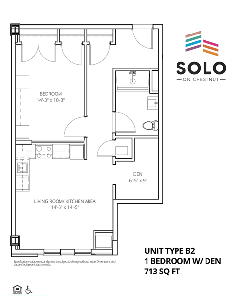 Floor plan for 1 bed, 1 bath, 713 sqft