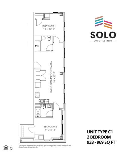 Floor plan for 2 beds, 2 baths, 969 sqft