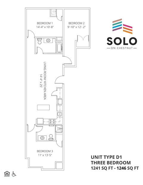 Floor plan for 3 beds, 2 baths, 1241 sqft