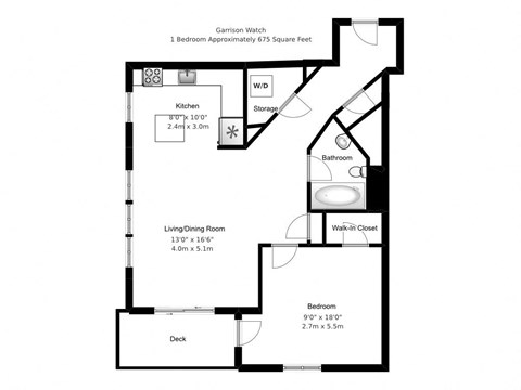 Floor plan for 1 bed, 1 bath, 675 sqft