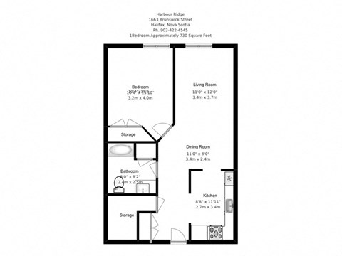 Floor plan for 1 bed, 1 bath, 681 sqft
