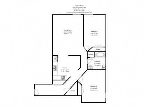 Floor plan for 2 beds, 1 bath, 876 sqft