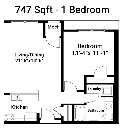 Floor plan for 1 bed, 1 bath, 747 sqft
