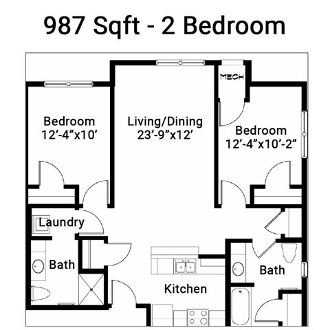 Floor plan for 2 beds, 2 baths, 987 sqft