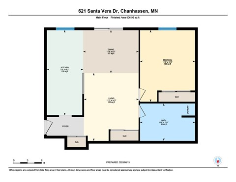 Floor plan for 1 bed, 1 bath, 807 sqft