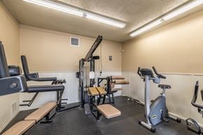 San Antonio apartment for rent - A gym with a variety of equipment including a treadmill, weights, and a bench.