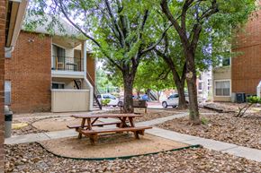 San Antonio apartment for rent - A picnic table sits in the middle of a gravel area between two apartment buildings.