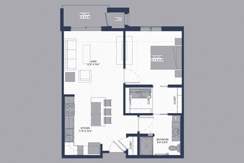 Floor plan for 1 bed, 1 bath, 734 sqft