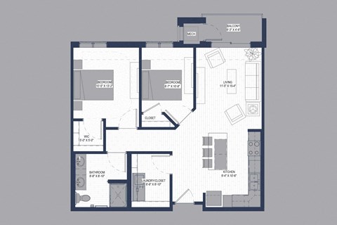 Floor plan for 2 beds, 1 bath, 899 sqft