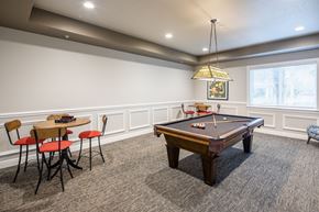 Tampa apartment for rent - A pool table is in the middle of a room with chairs and a table.