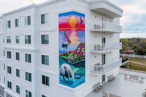 Tampa apartment for rent - A mural on a building shows a sunset with a bird flying and a fish swimming.