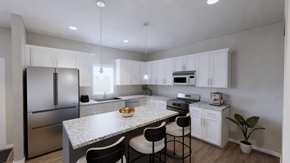 Ellendale apartment for rent - A modern kitchen with a granite countertop and stainless steel appliances.