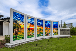 Ocala apartment for rent - A row of four large paintings of horses in a field with the text "MADISON OAKS" on the right.