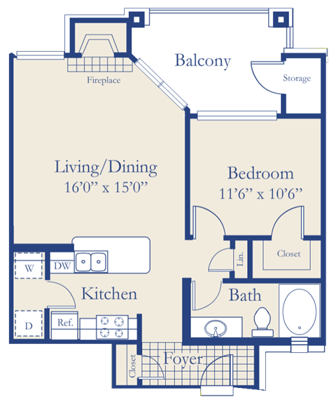 Floor plan for 1 bed, 1 bath, 656 sqft