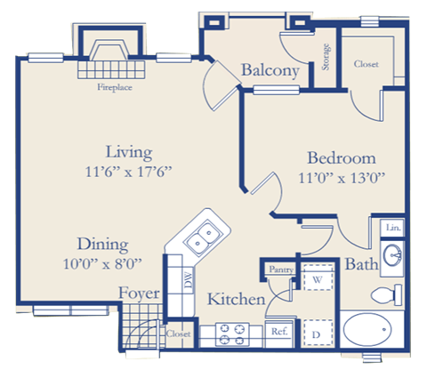 Floor plan for 1 bed, 1 bath, 810 sqft