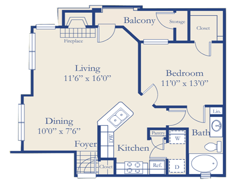 Floor plan for 1 bed, 1 bath, 786 sqft
