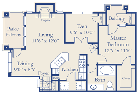 Floor plan for 1 bed, 1 bath, 866 sqft
