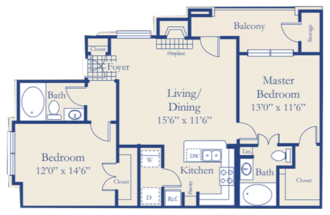 Floor plan for 2 beds, 2 baths, 1024 sqft